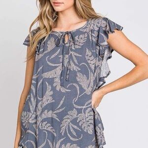 Chic Leaf Print Ruffle Sleeve Blouse - Gray